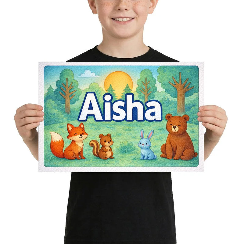 Aisha Name Art - Forest Friends personalized wall print for kids