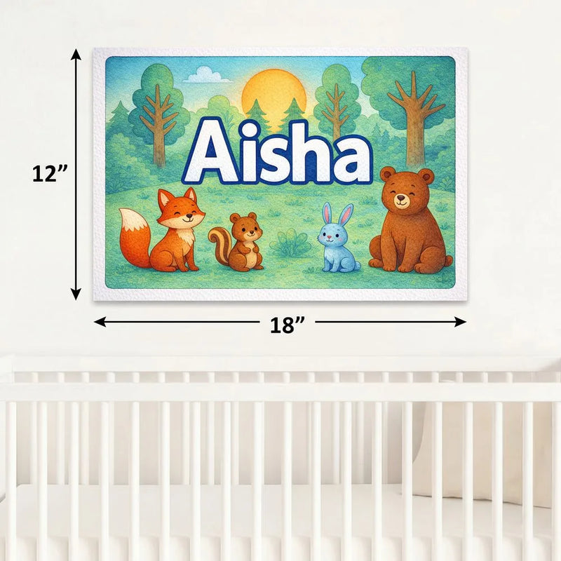 Aisha Name Art - Forest Friends personalized wall print for kids