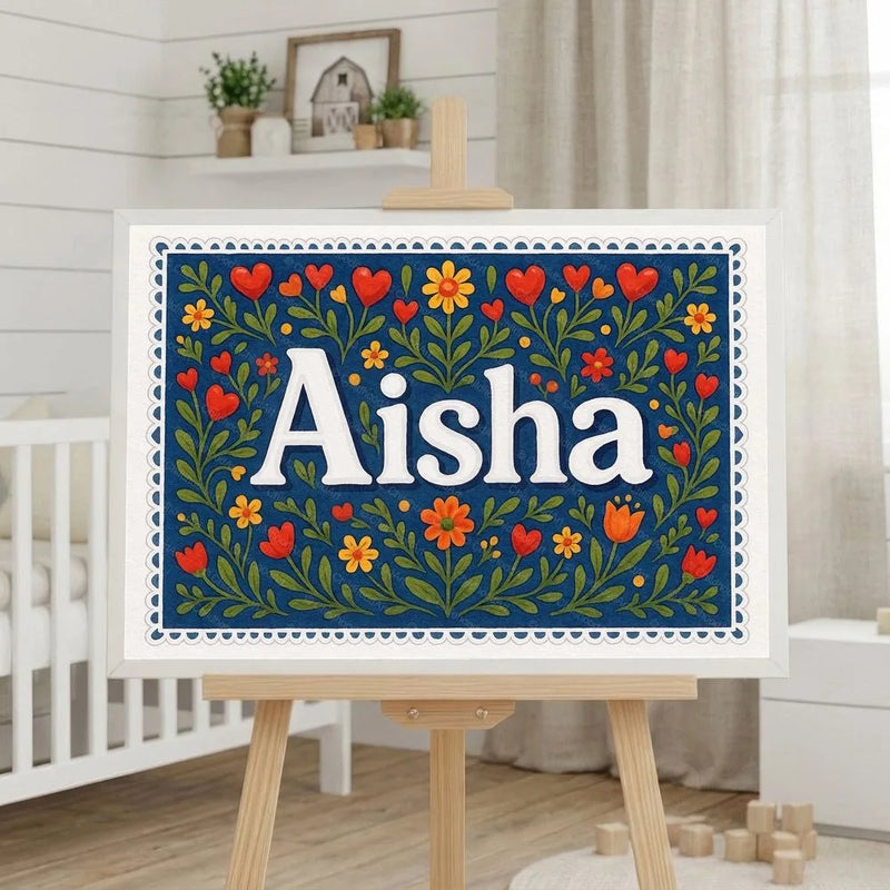 Aisha Name Art - Floral Farmhouse personalized wall print for kids
