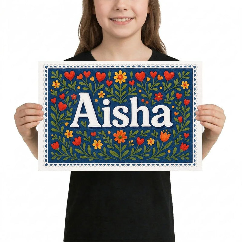 Aisha Name Art - Floral Farmhouse personalized wall print for kids