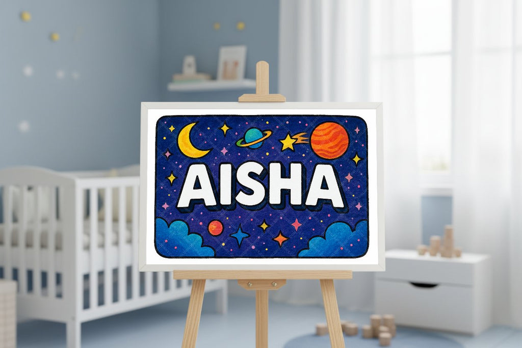 Personalized space nursery art for kids – Aisha name print