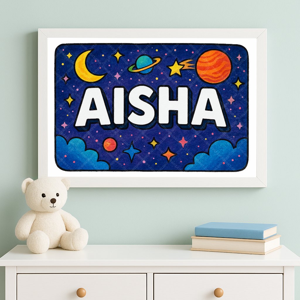 Personalized space nursery art for kids – Aisha name print