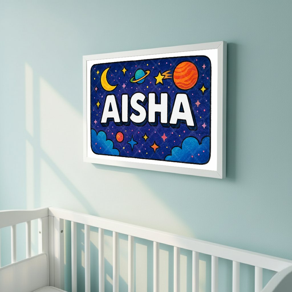 Personalized space nursery art for kids – Aisha name print