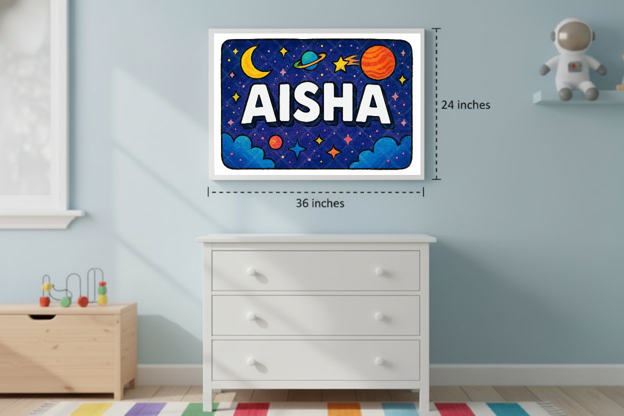 Personalized space nursery art for kids – Aisha name print
