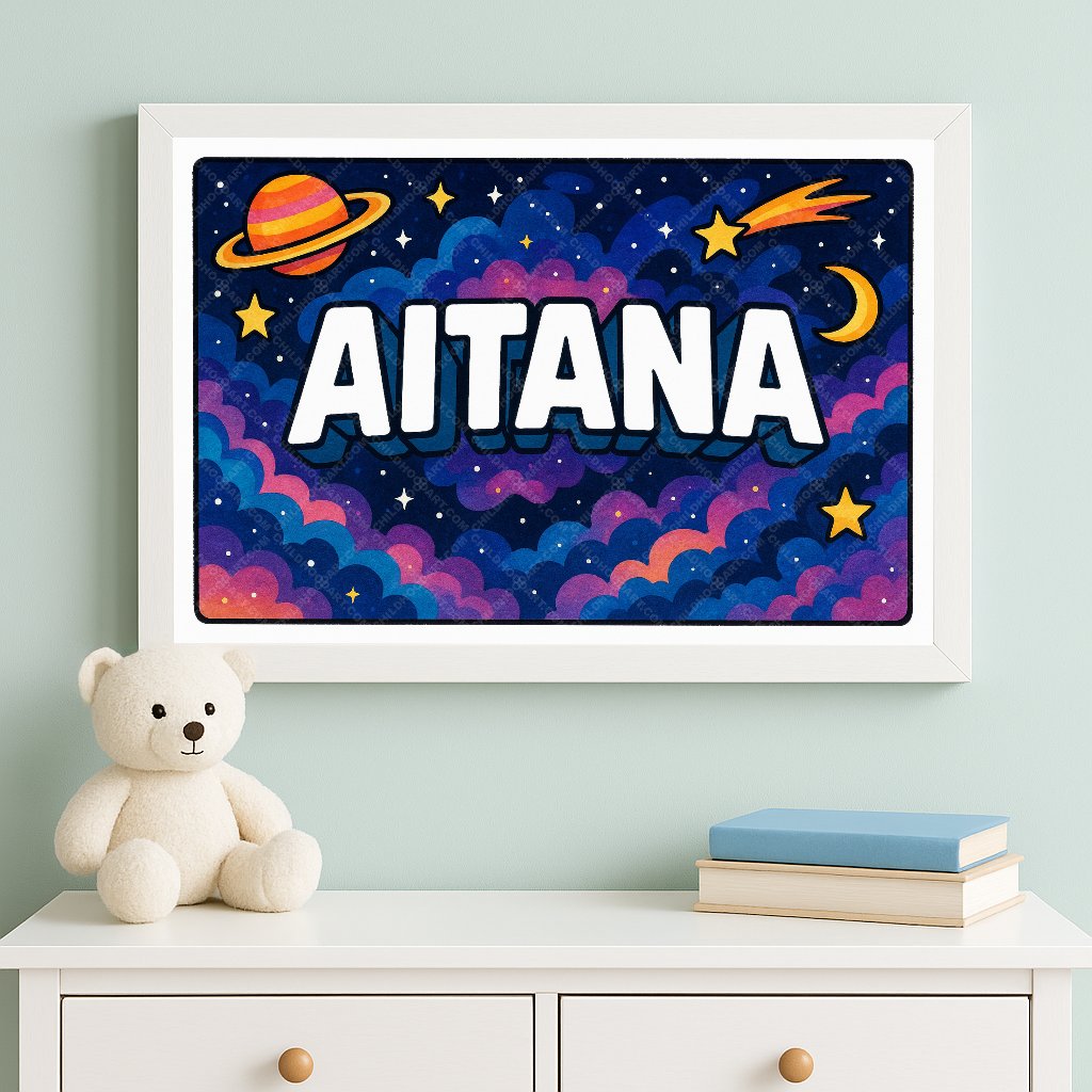 Personalized space nursery art for kids – Aitana name print