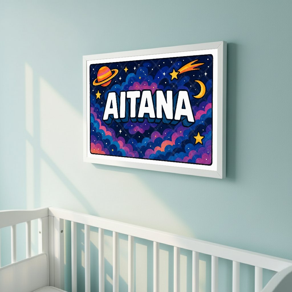 Personalized space nursery art for kids – Aitana name print