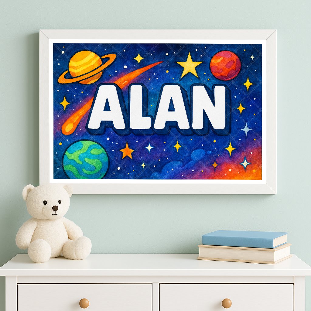 Personalized space nursery art for kids – Alan name print