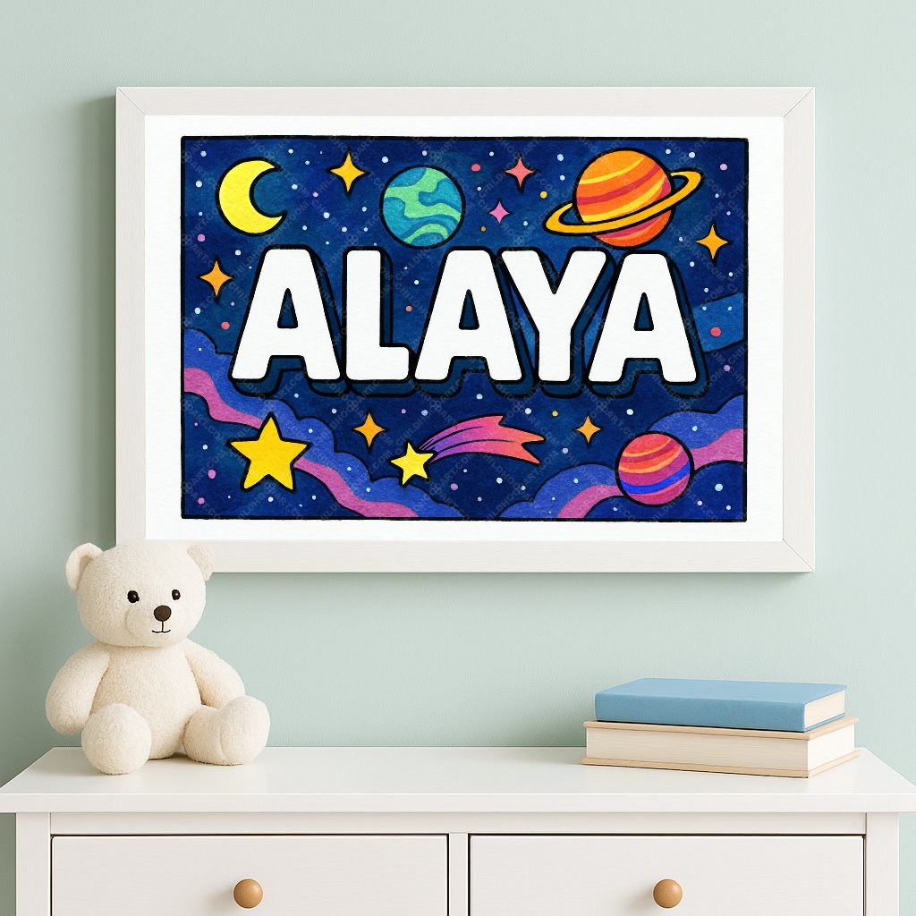 Personalized space nursery art for kids – Alaya name print