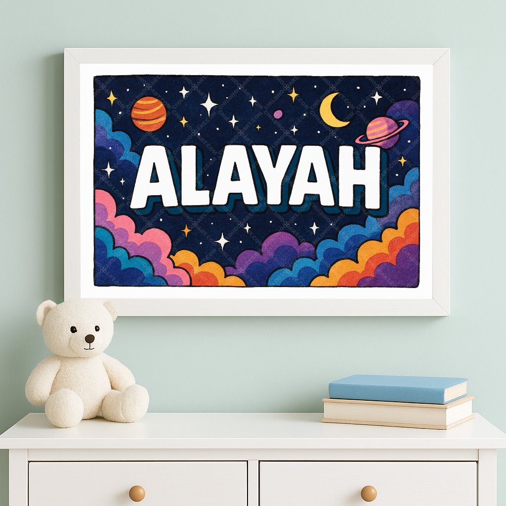 Personalized space nursery art for kids – Alayah name print