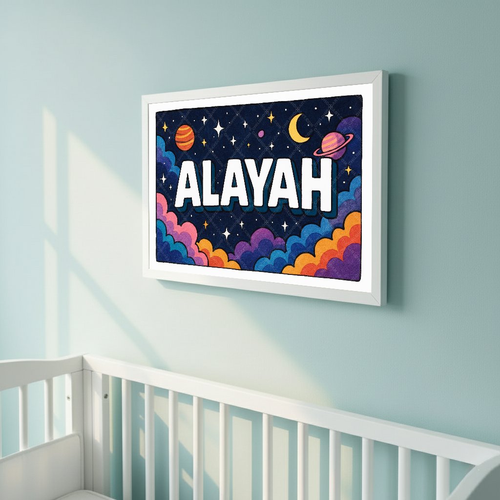 Personalized space nursery art for kids – Alayah name print