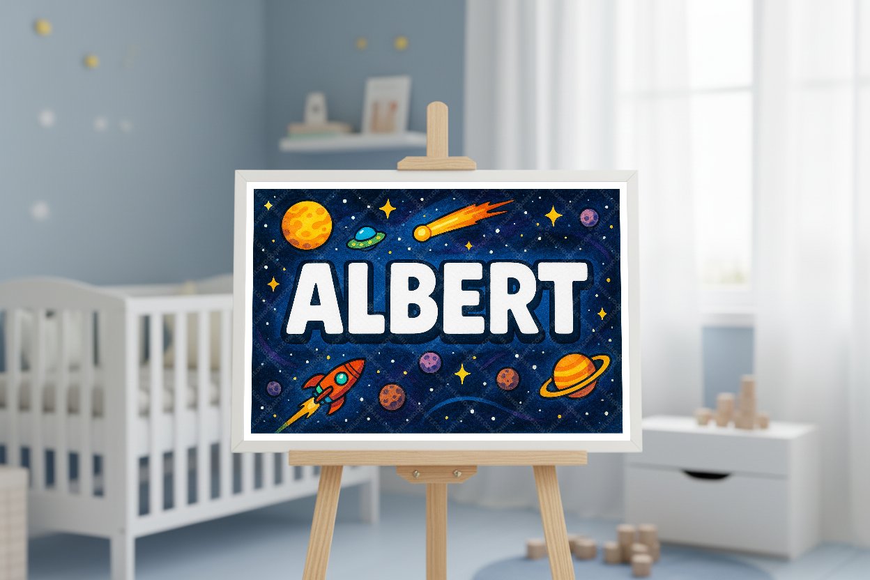 Personalized space nursery art for kids – Albert name print