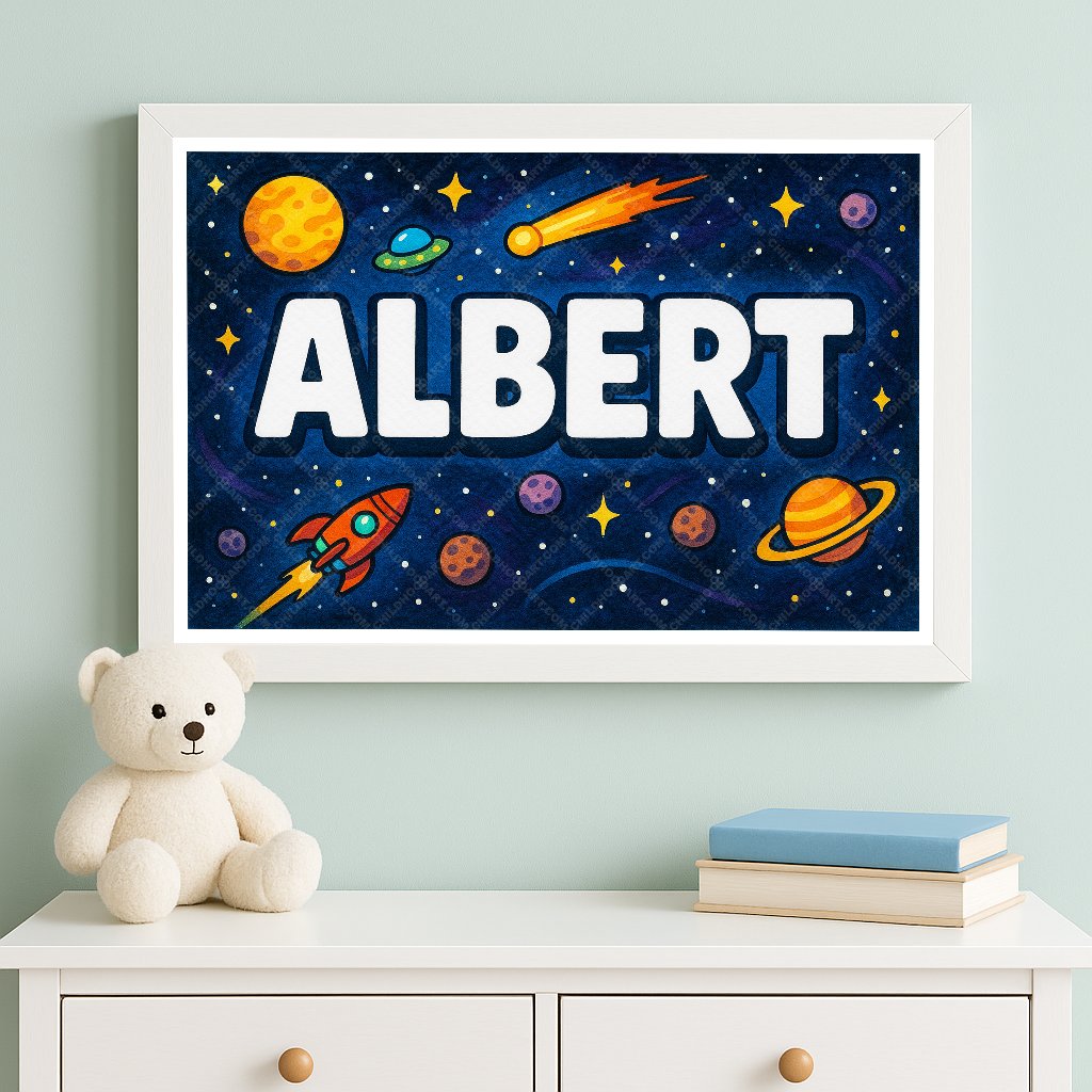 Personalized space nursery art for kids – Albert name print