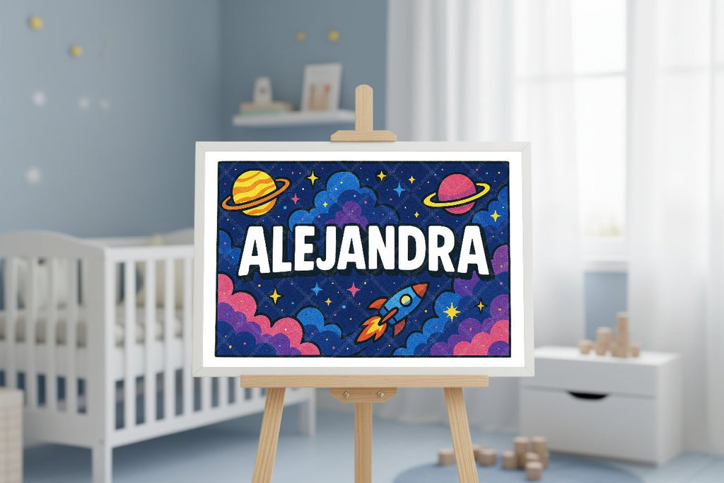 Personalized space nursery art for kids – Alejandra name print