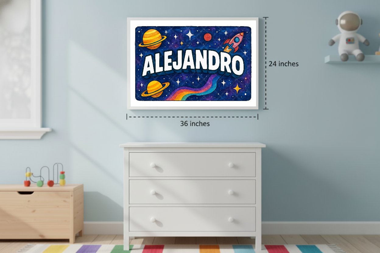 Personalized space nursery art for kids – Alejandro name print