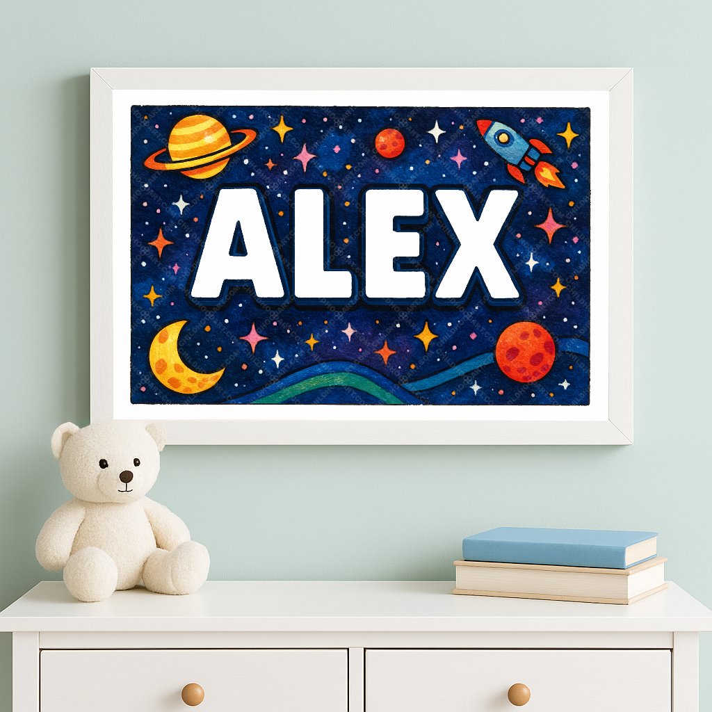 Personalized space nursery art for kids – Alex name print