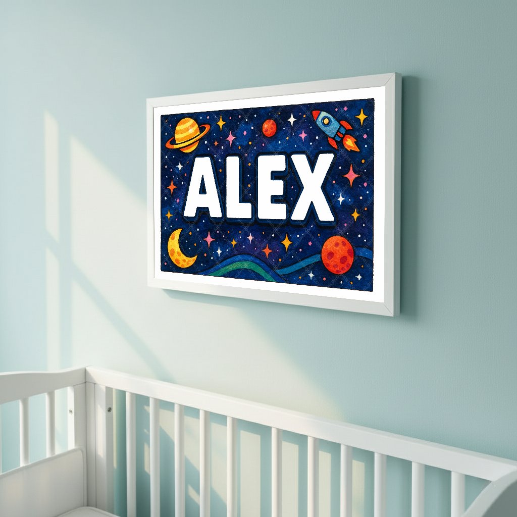Personalized space nursery art for kids – Alex name print