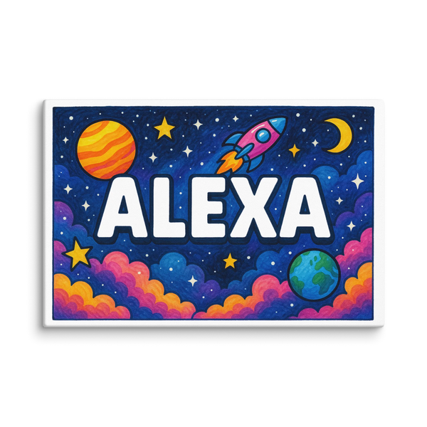 Space explorers themed name art featuring Alexa