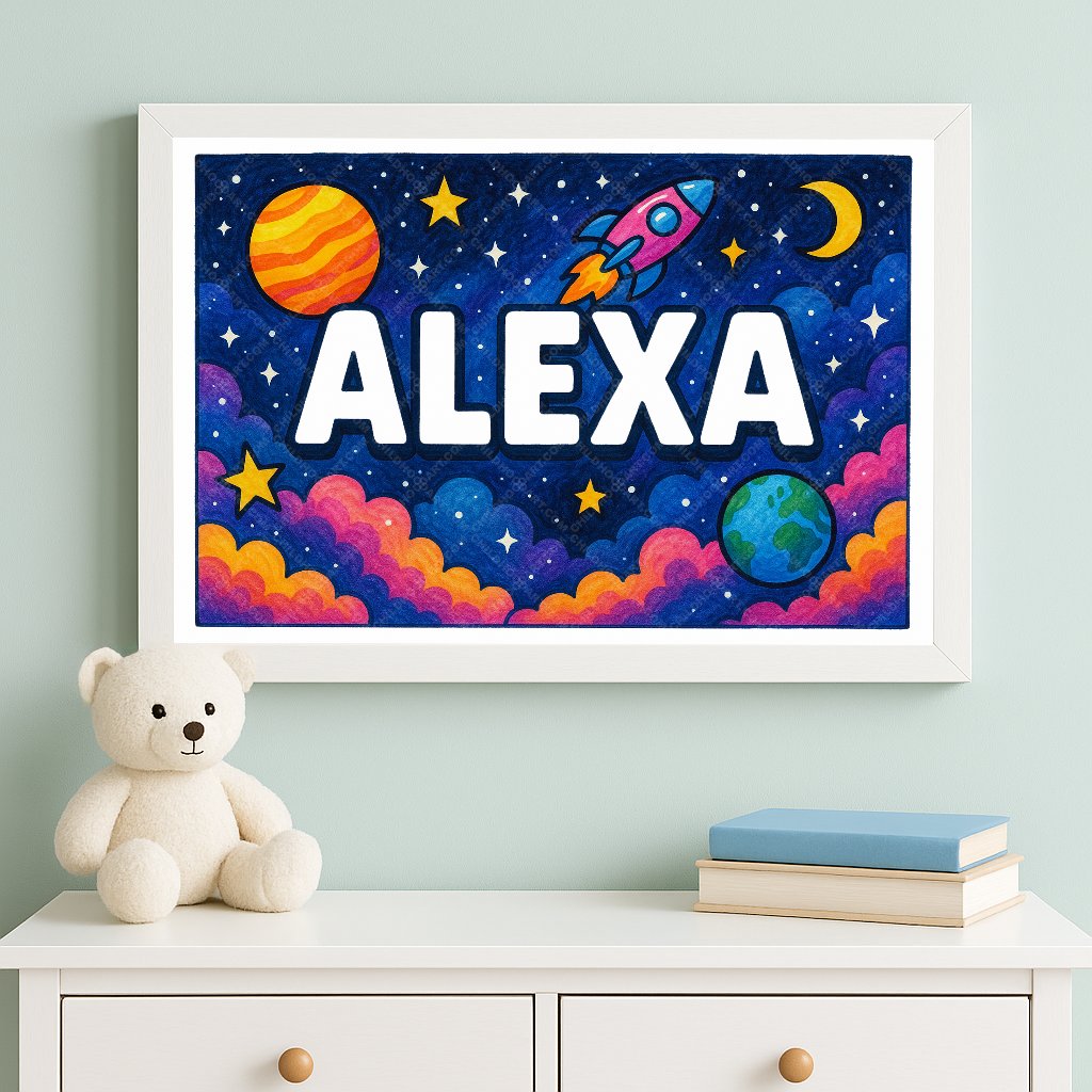 Personalized space nursery art for kids – Alexa name print