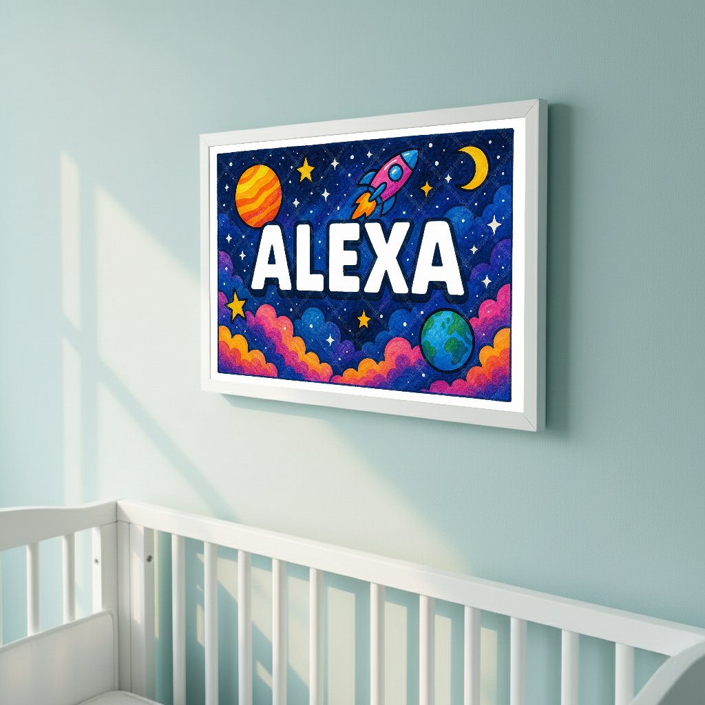Personalized space nursery art for kids – Alexa name print