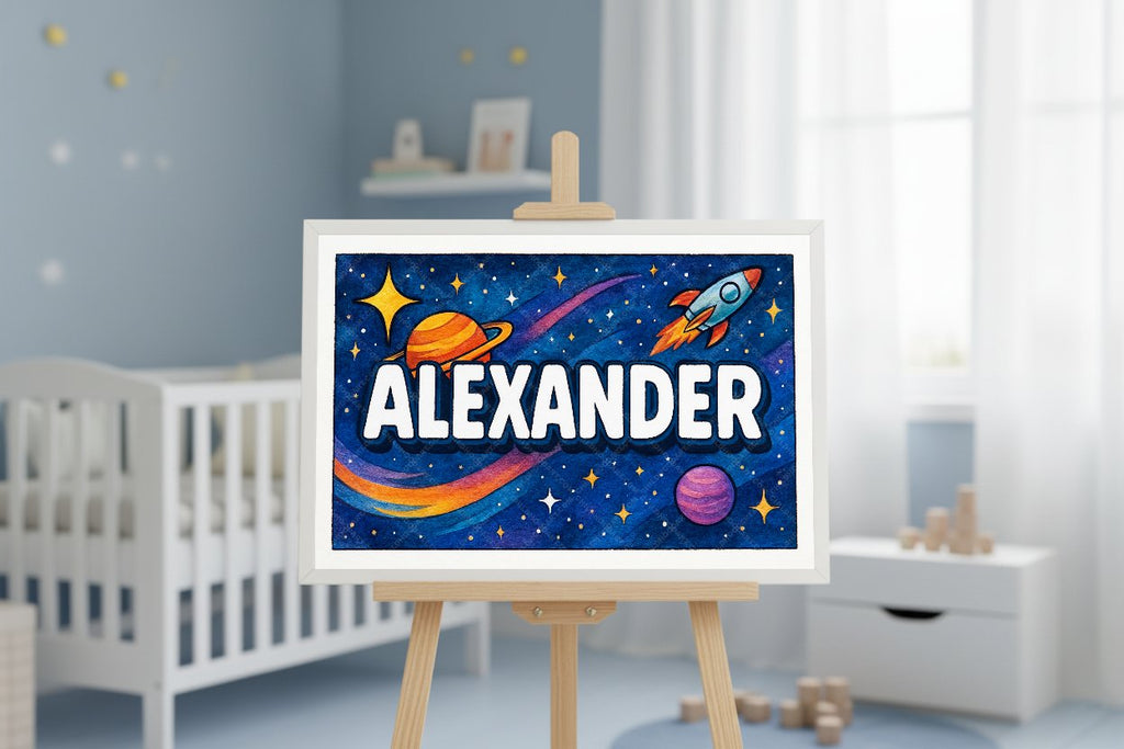 Personalized space nursery art for kids – Alexander name print