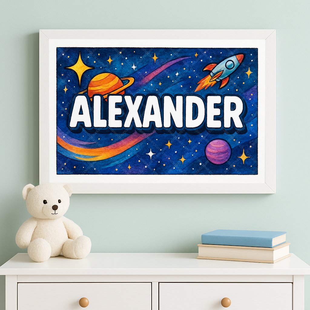 Personalized space nursery art for kids – Alexander name print