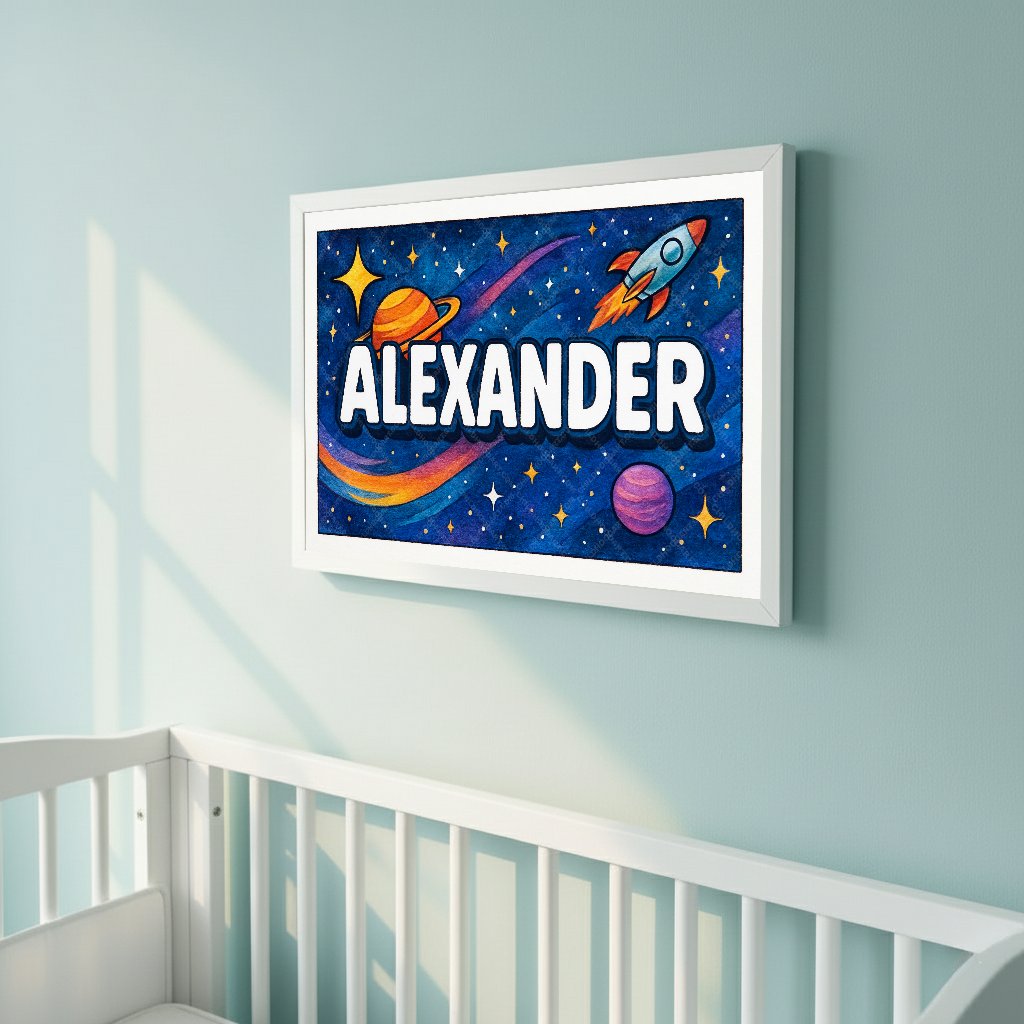 Personalized space nursery art for kids – Alexander name print