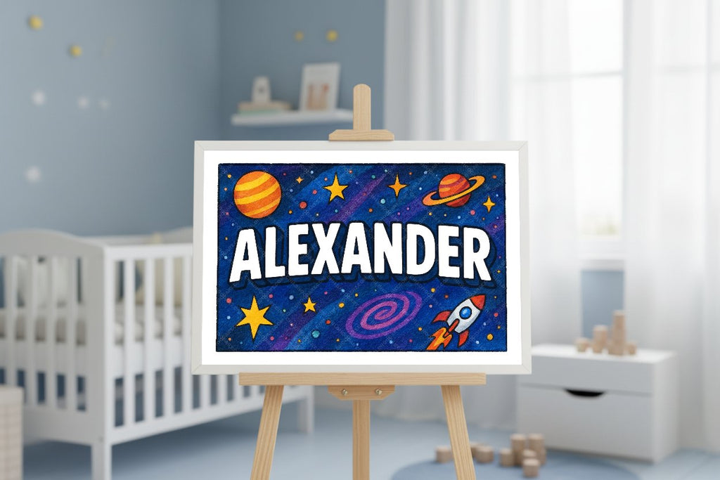 Personalized space nursery art for kids – Alexander name print