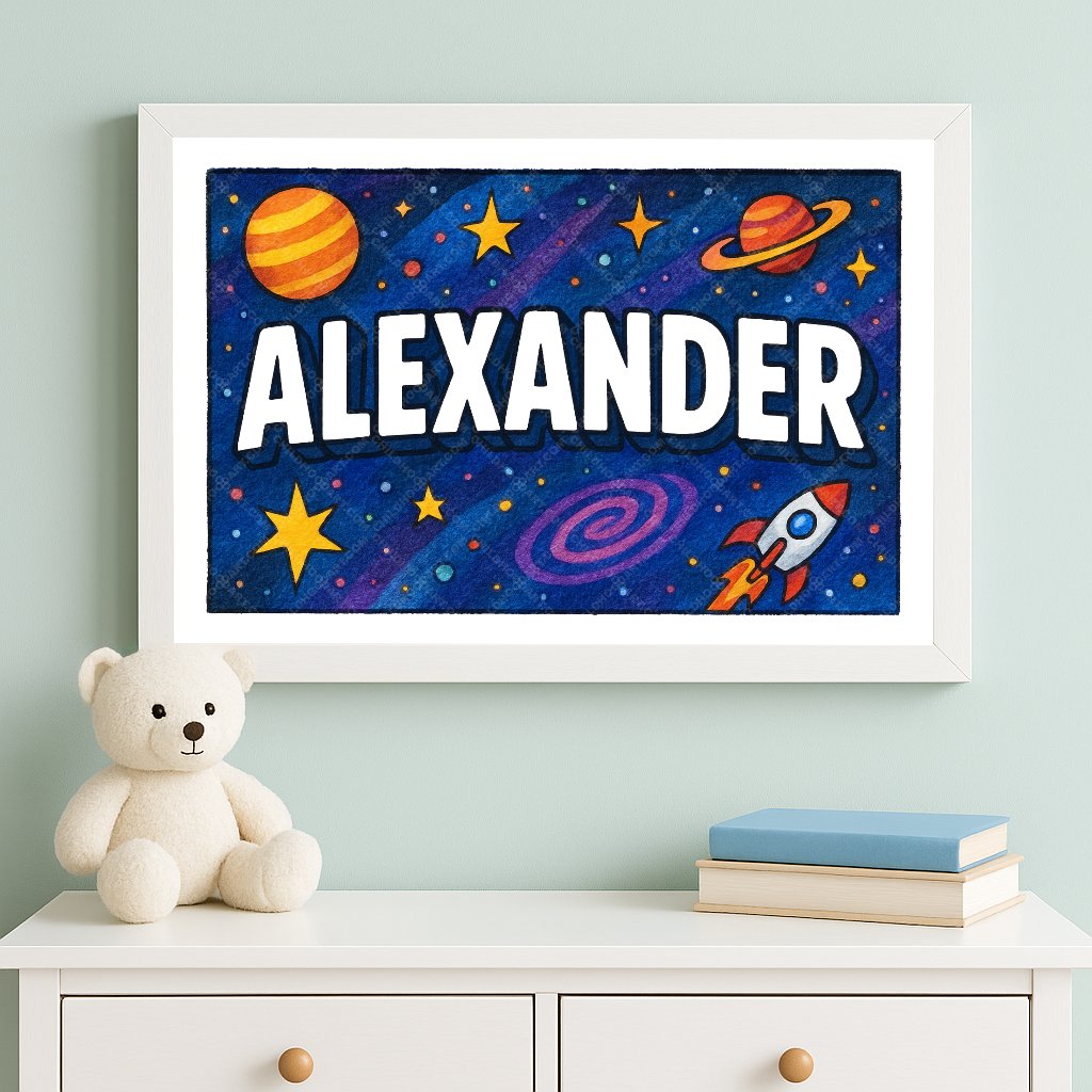 Personalized space nursery art for kids – Alexander name print