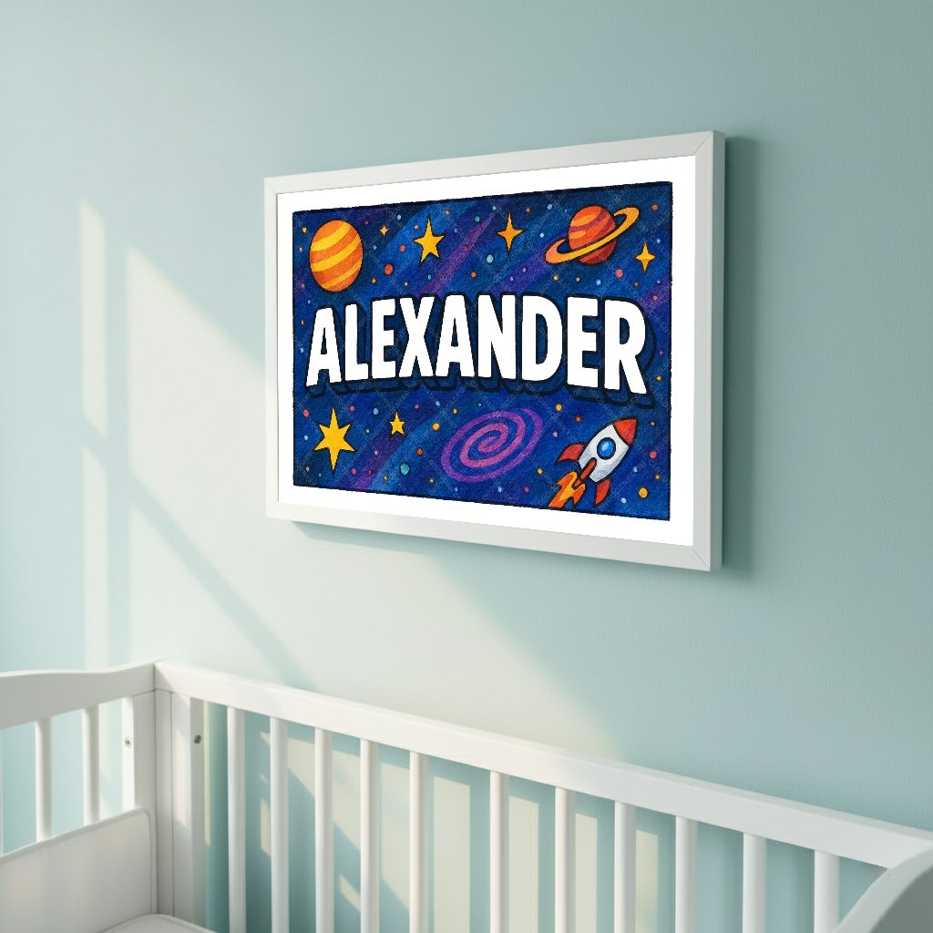 Personalized space nursery art for kids – Alexander name print