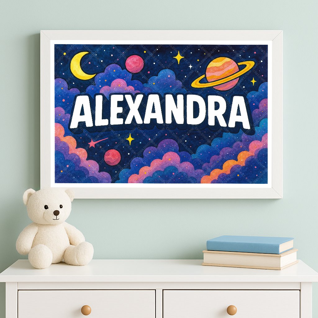 Personalized space nursery art for kids – Alexandra name print