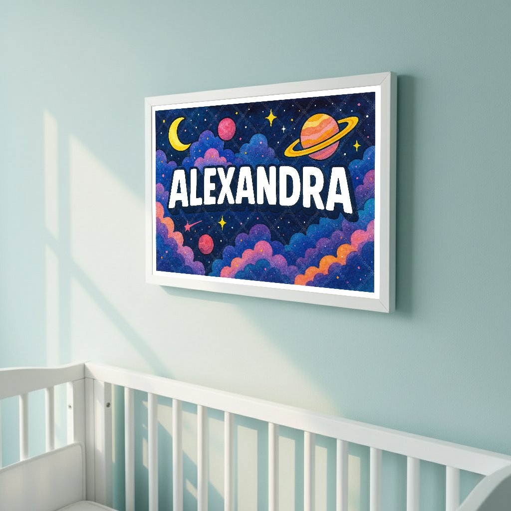 Personalized space nursery art for kids – Alexandra name print