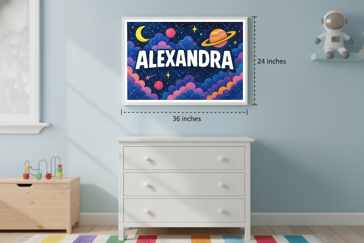 Personalized space nursery art for kids – Alexandra name print