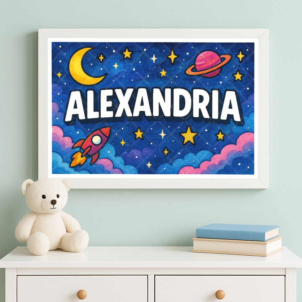 Personalized space nursery art for kids – Alexandria name print