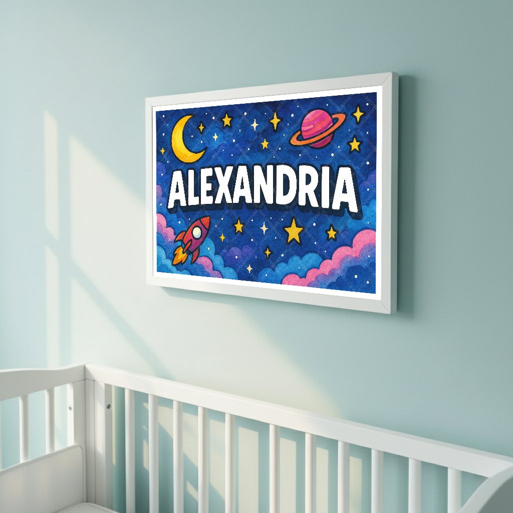 Personalized space nursery art for kids – Alexandria name print