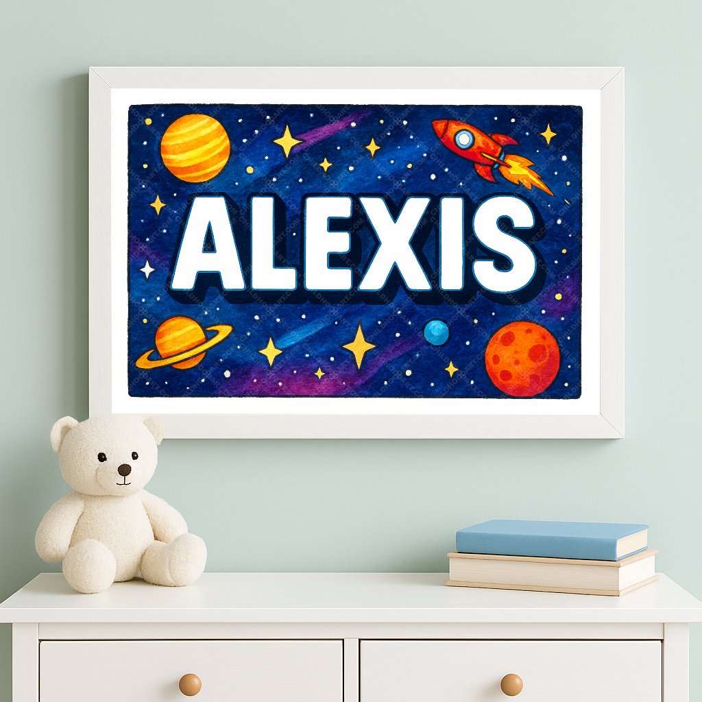 Personalized space nursery art for kids – Alexis name print