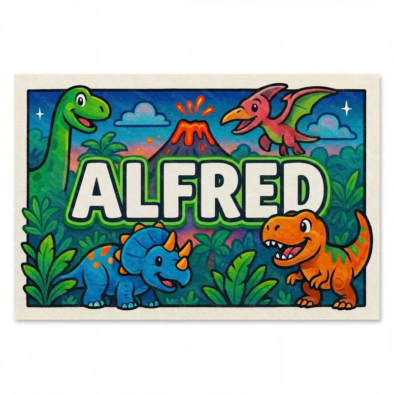 Alfred Name Art - Dinosaur Adventure personalized wall print for kids