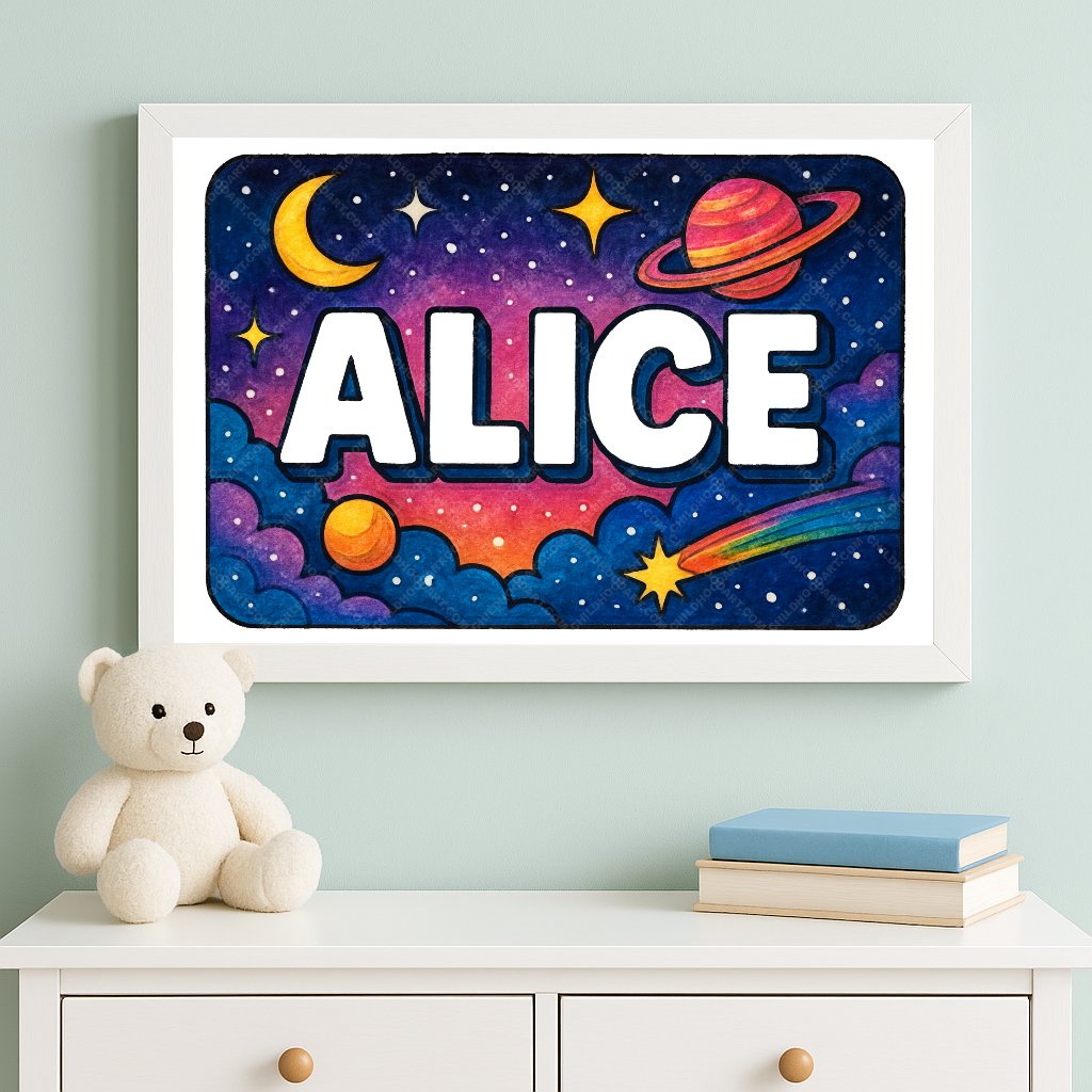 Personalized space nursery art for kids – Alice name print