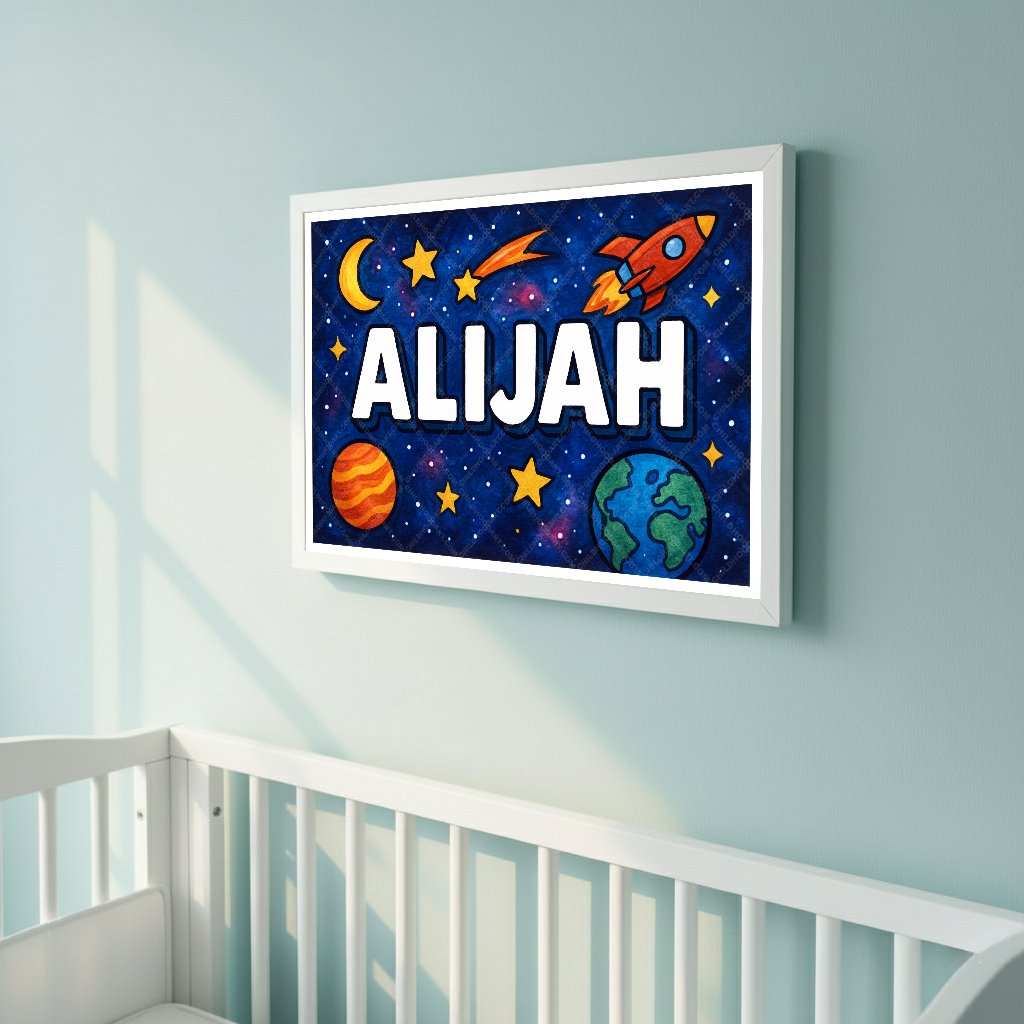 Personalized space nursery art for kids – Alijah name print
