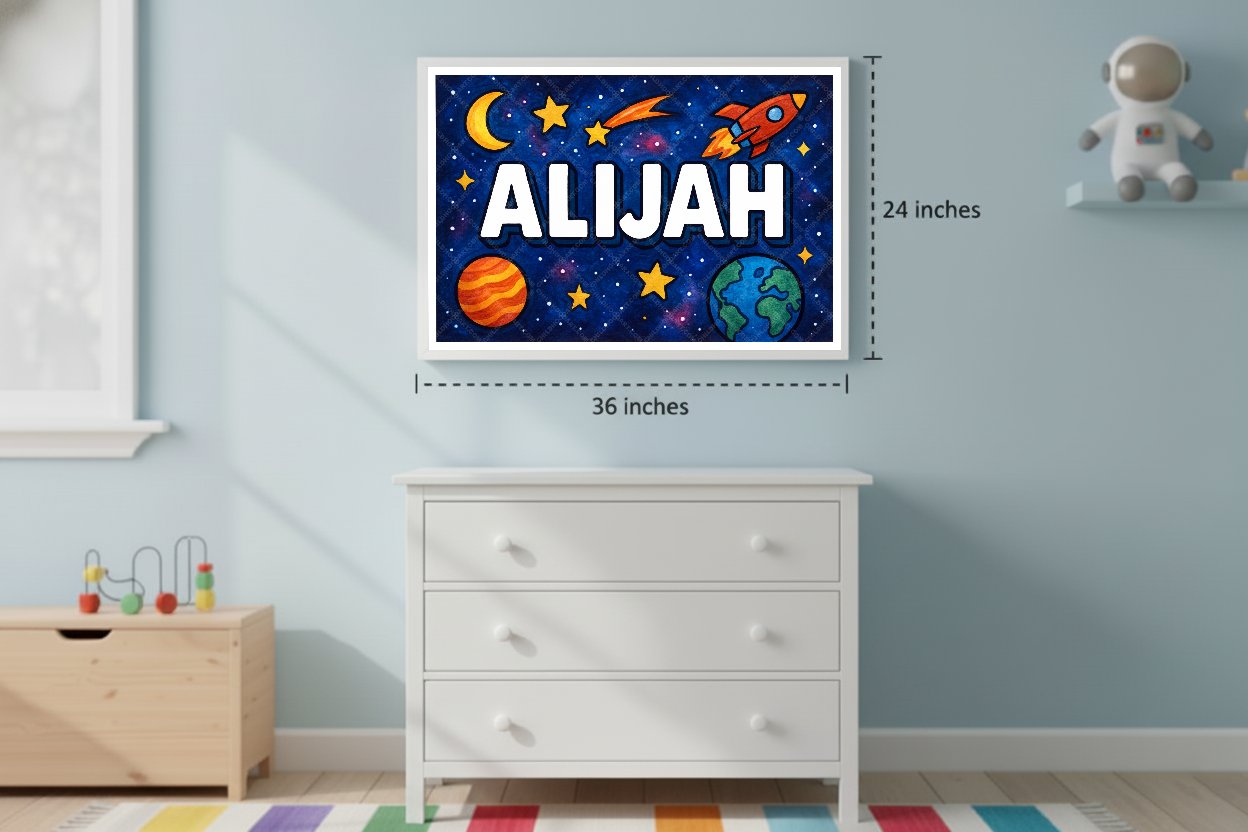 Personalized space nursery art for kids – Alijah name print