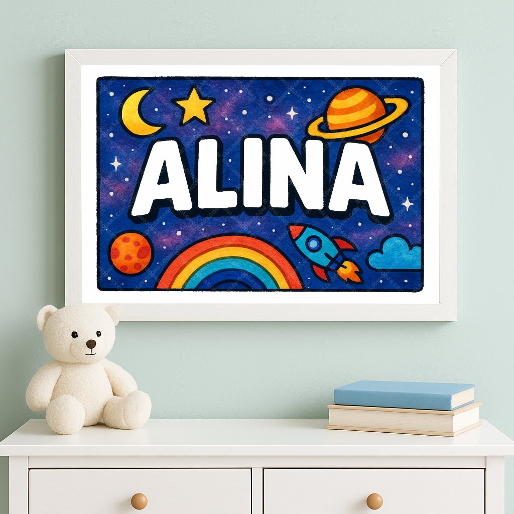Personalized space nursery art for kids – Alina name print