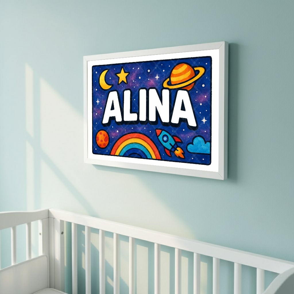 Personalized space nursery art for kids – Alina name print