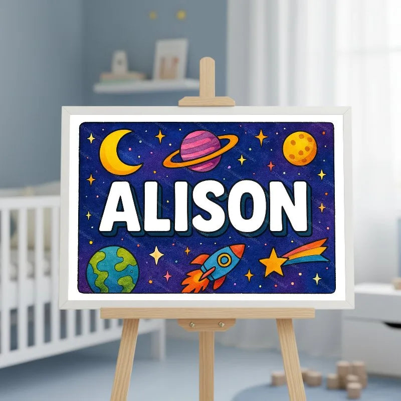 Adventurous personalized space name art for Alison