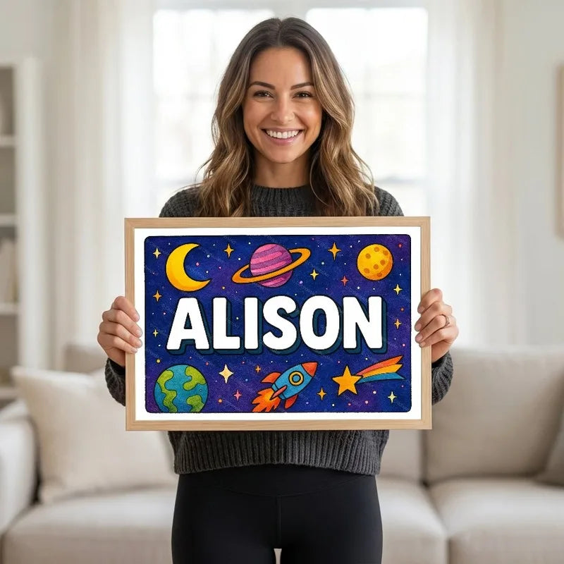 Adventurous personalized space name art for Alison