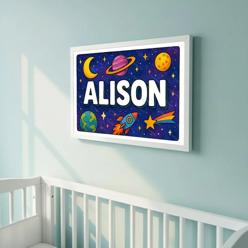Adventurous personalized space name art for Alison