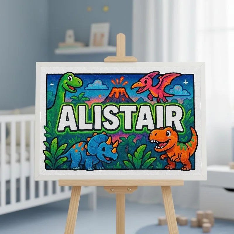 Alistair Name Art - Dinosaur Adventure personalized wall print for kids