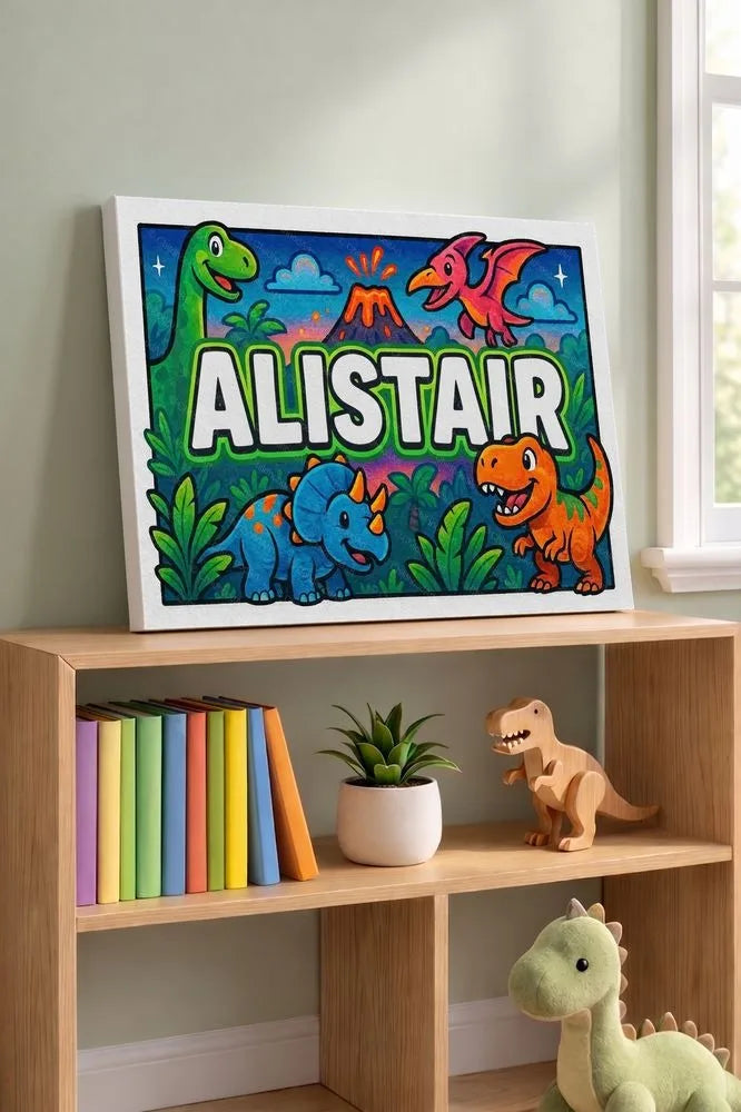 Alistair Name Art - Dinosaur Adventure personalized wall print for kids