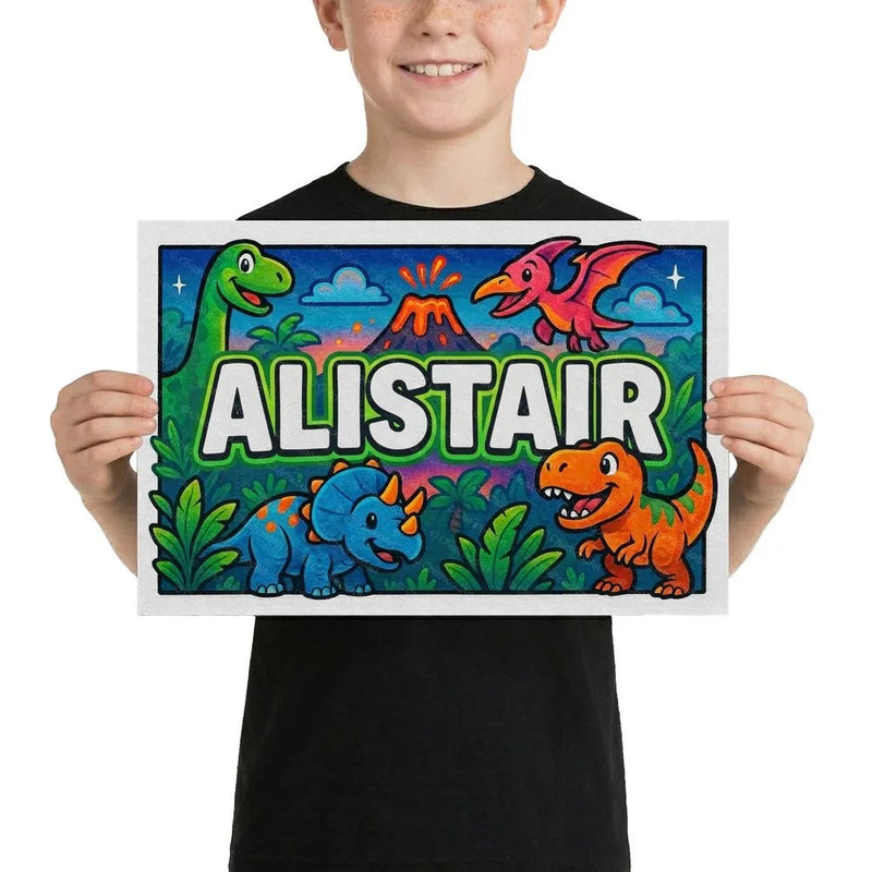 Alistair Name Art - Dinosaur Adventure personalized wall print for kids