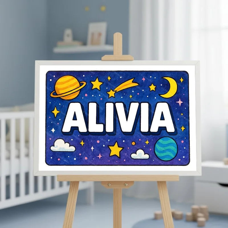 Adventurous personalized space name art for Alivia