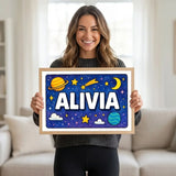 Adventurous personalized space name art for Alivia