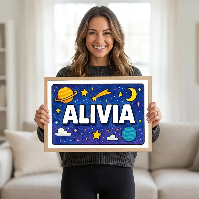 Adventurous personalized space name art for Alivia
